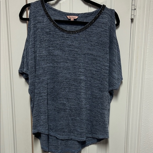 Juicy Couture Tops - Juicy Couture Heathered Blue Cold Shouldered top with black crystal neckline